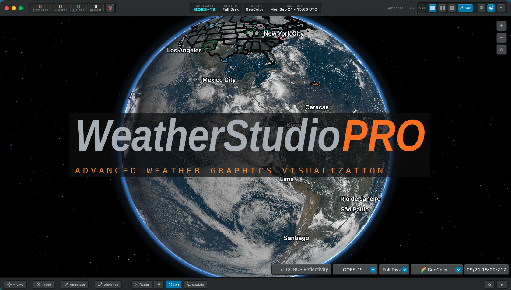 WeatherStudioPRO displaying a 3D GOES-19 GeoColor full-disk view of the Americas with severe weather alert counts, storm tracking tools and live scan time