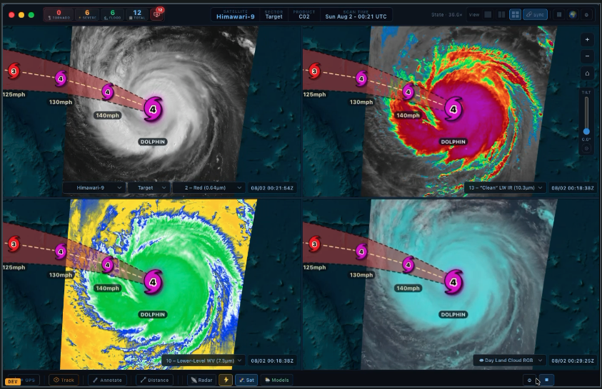 Quad-pane tropical satellite monitoring in WeatherStudioPRO